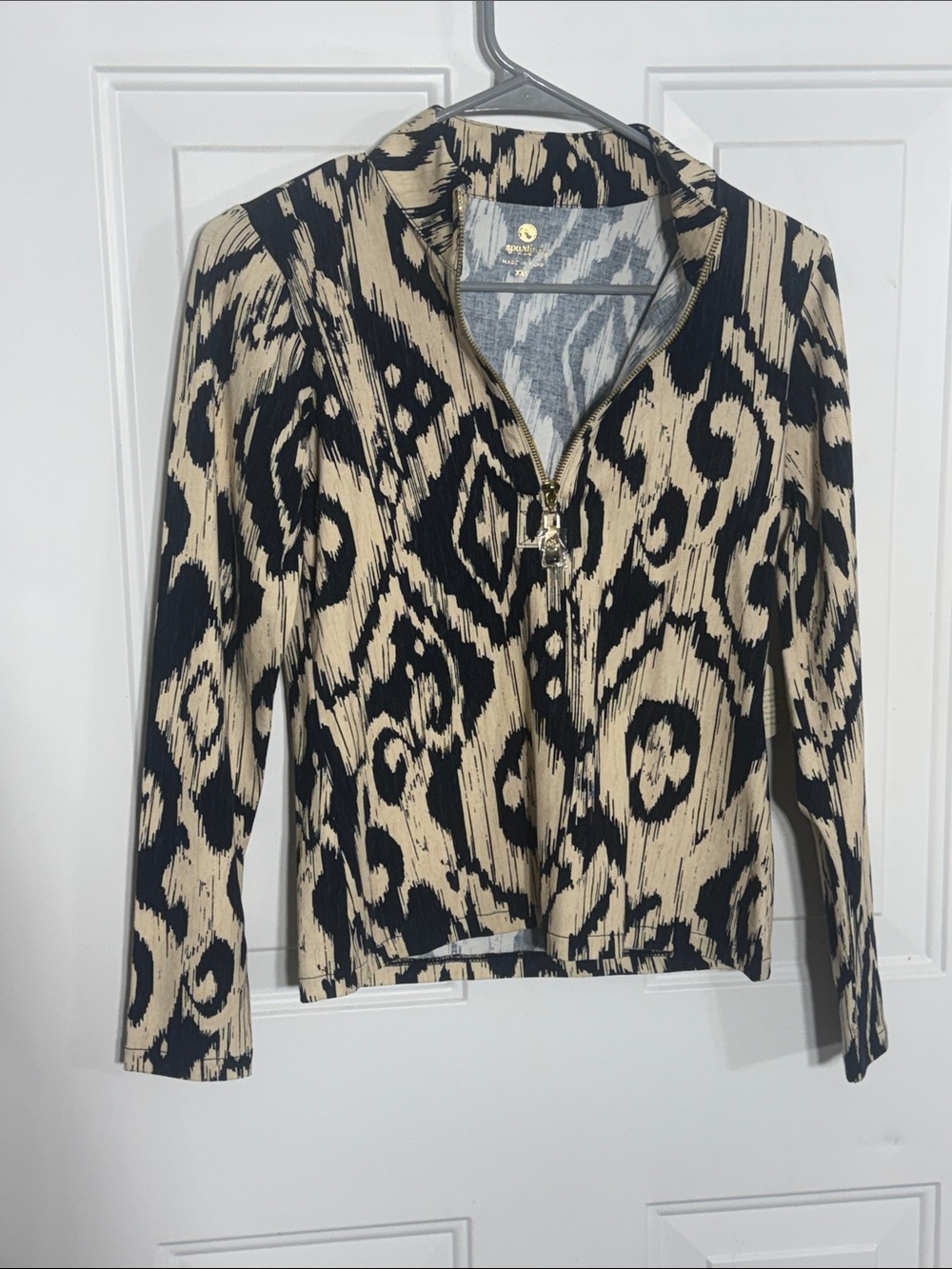 Spartina 449 Black and Cream Zip-Front Patterned Top